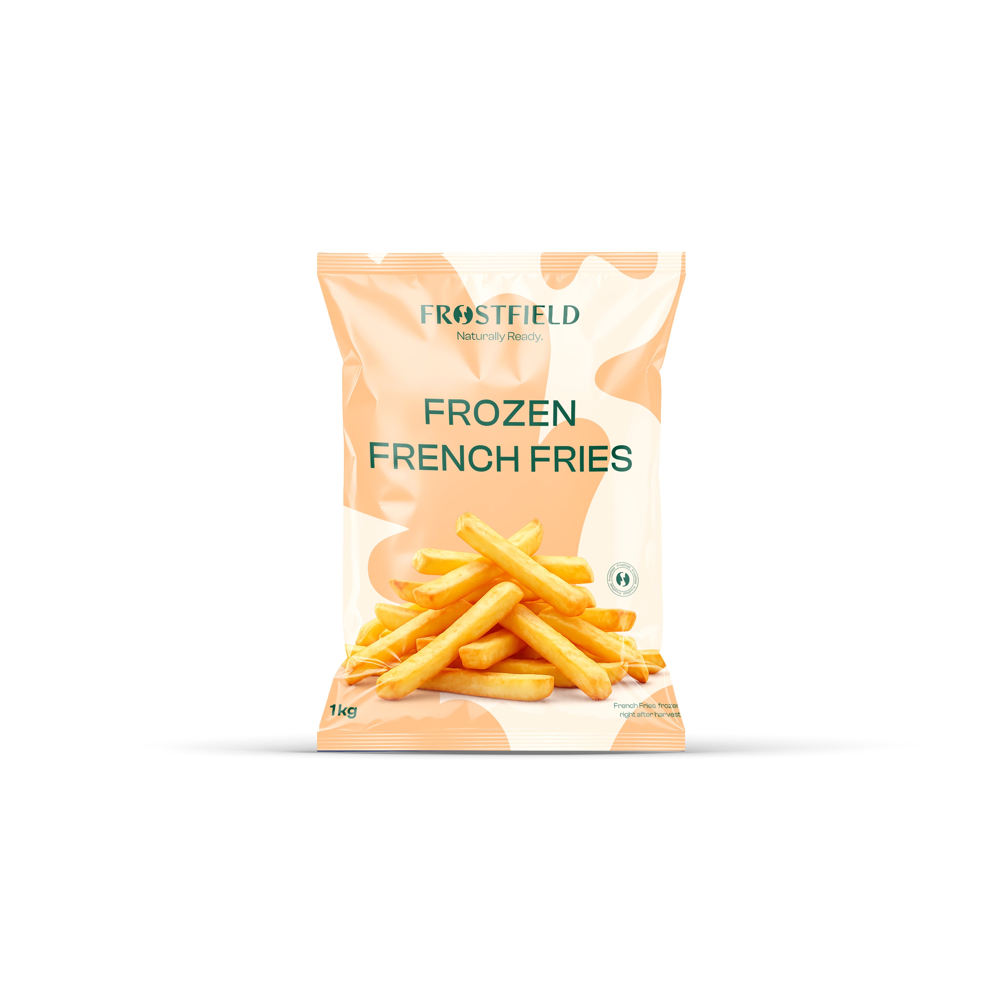 Bag of Frostfield Frozen French Fries on a white background