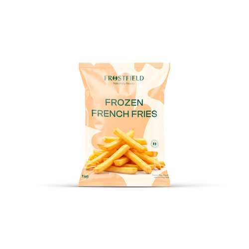 Bag of Frostfield Frozen French Fries on a white background